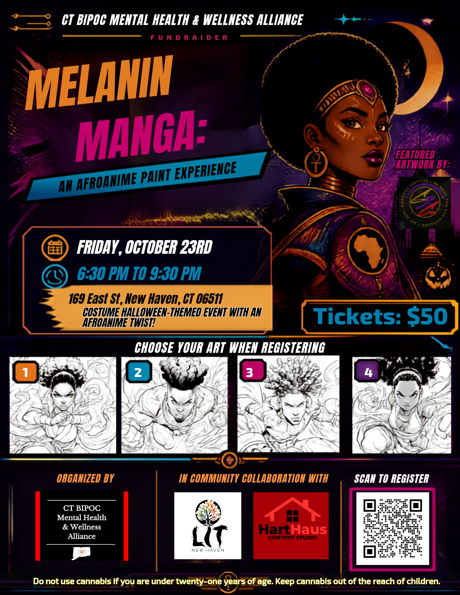 Melanin Manga fundraiser flyer for October 23, 2026, in New Haven